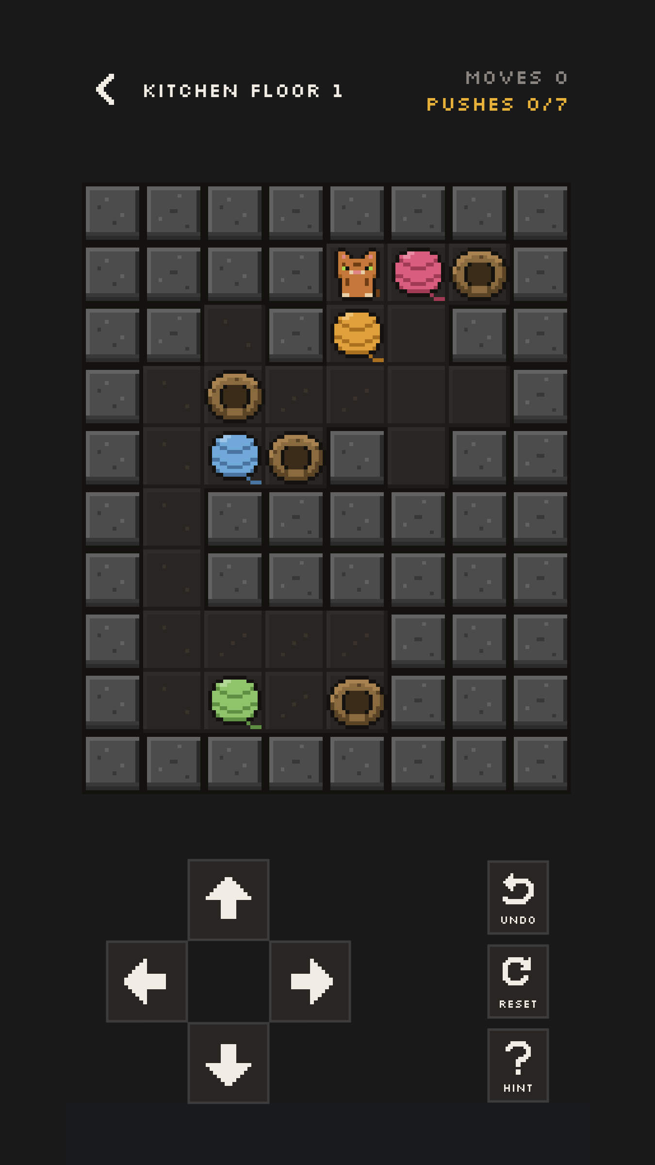 A Catoban puzzle at the start, with the cat, four yarn balls and four baskets