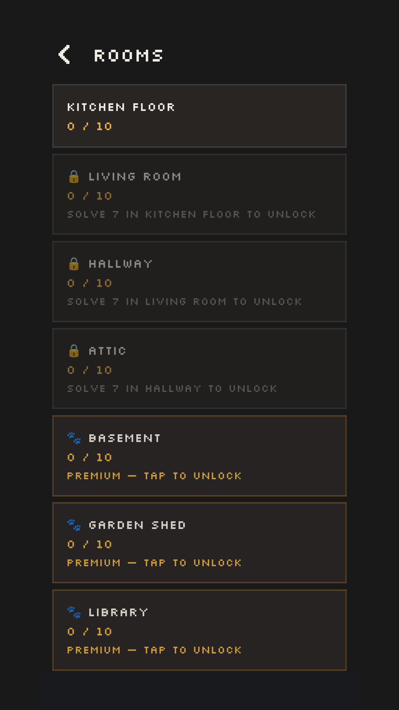 The rooms list showing the twelve puzzle packs
