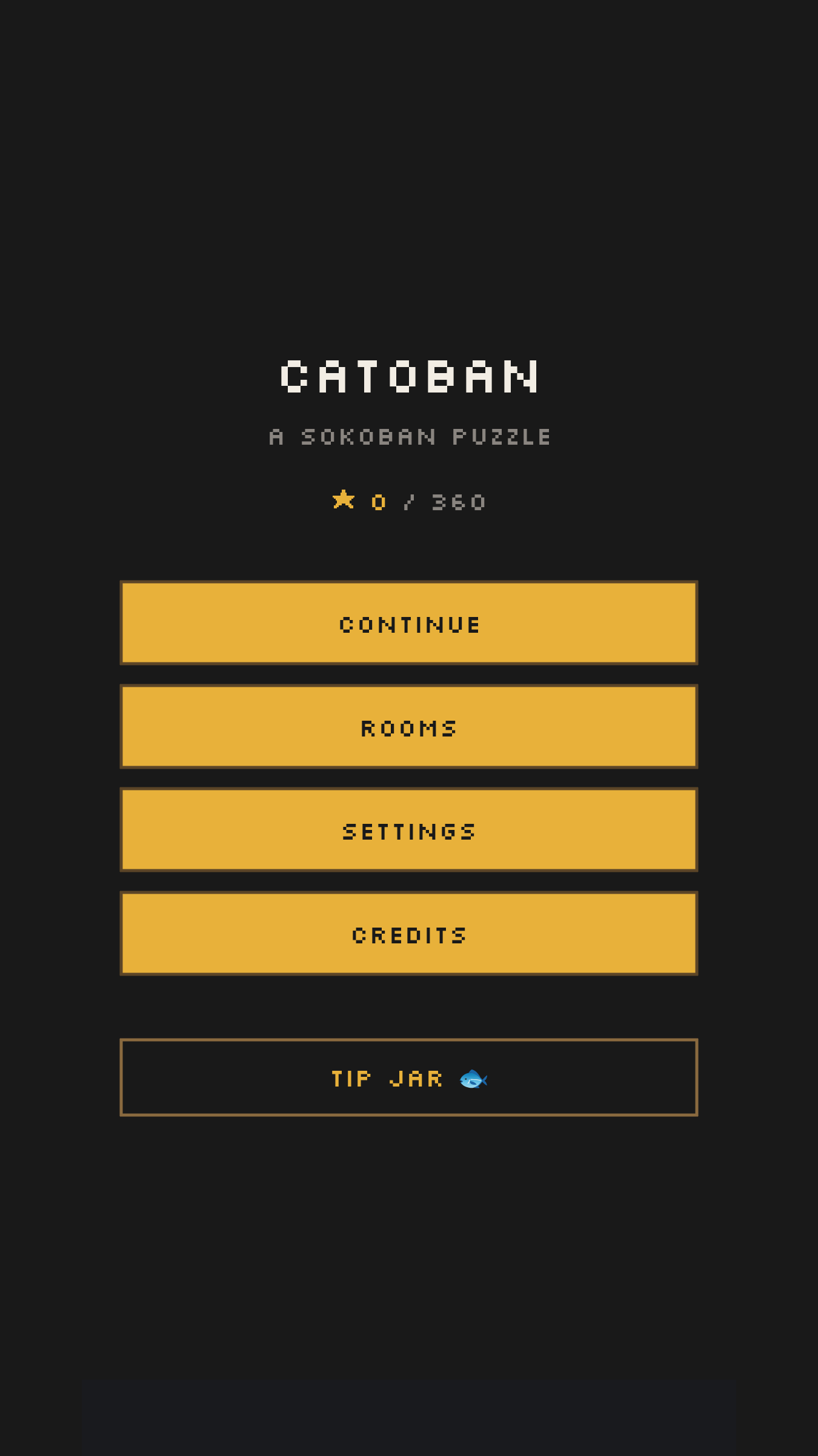 Catoban home screen with Continue, Rooms, Settings and Credits